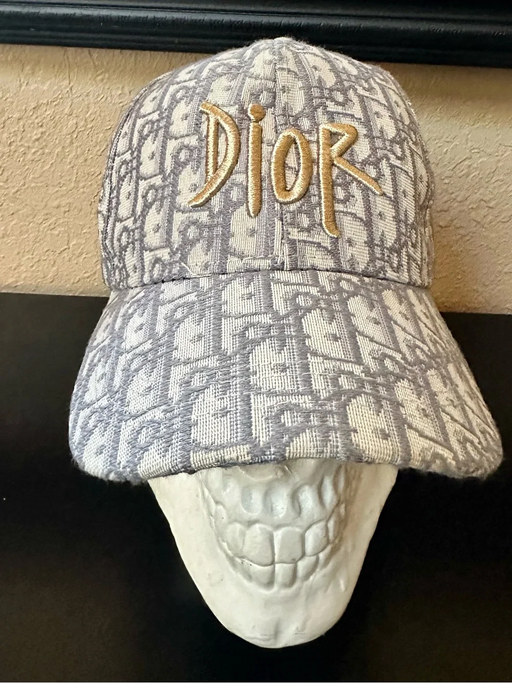 Dior Monogram Baseball Cap with Gold Logo - Gray & Cream